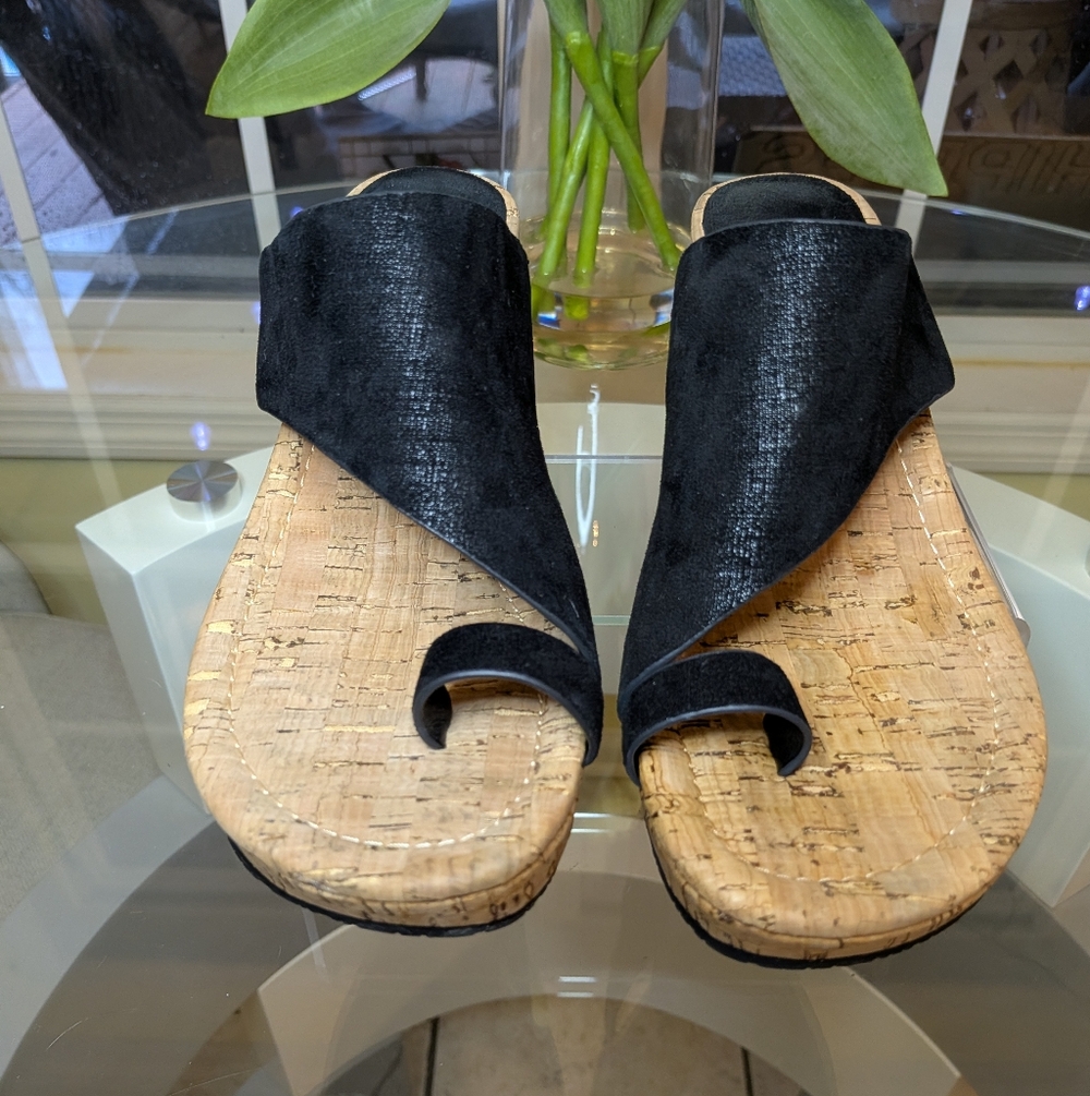 Donald J. Pliner Black Leather Cork Wedge Sandals 7.5